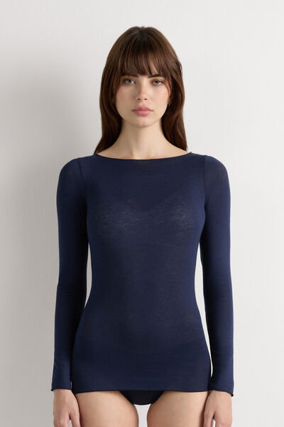 Maglia Manica Lunga in Modal con Cashmere e Scollo a Barchetta