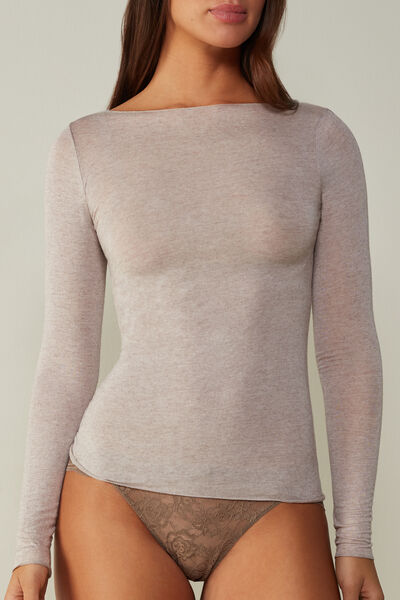 Maglia Manica Lunga in Modal con Cashmere e Scollo a Barchetta