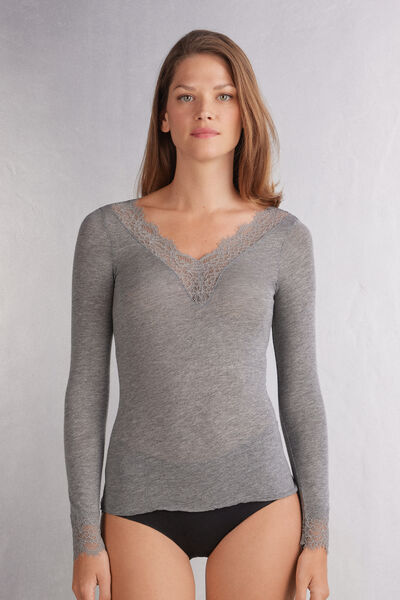 Maglia scollo a V in Modal Cashmere Ultralight e Pizzo