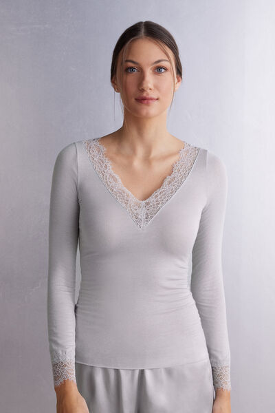 Maglia scollo a V in Modal Cashmere Ultralight e Pizzo