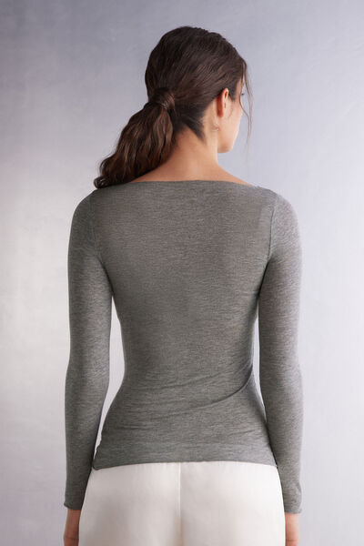 Maglia Manica Lunga in Modal con Cashmere e Scollo a Barchetta