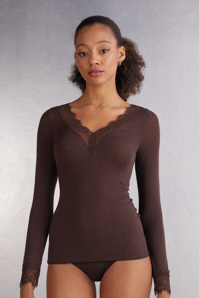 Maglia scollo a V in Modal Cashmere Ultralight e Pizzo